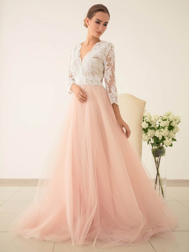 Ball Gown V-neck Tulle Sweep Train Wedding Dresses With Appliques Lace #UKM00022828