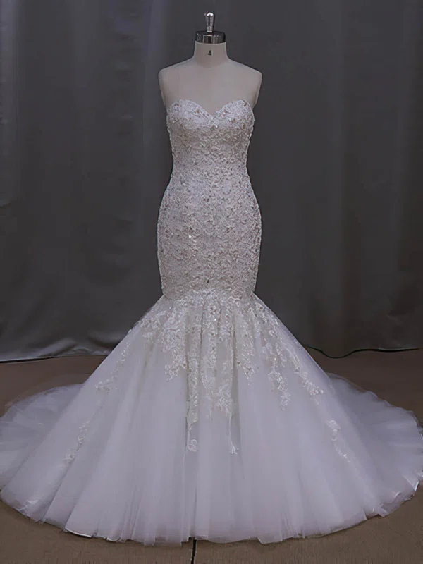 Trumpet/Mermaid Sweetheart Tulle with Appliques Lace Court Train Online Wedding Dresses #UKM00022829