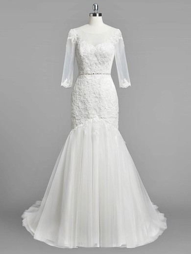 Modest Trumpet/Mermaid Scoop Neck Tulle Appliques Lace Sweep Train 3/4 Sleeve Wedding Dresses #UKM00022833