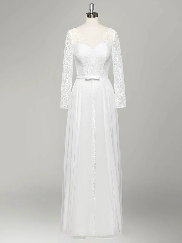 A-line V-neck Lace Chiffon Floor-length Wedding Dresses With Sashes / Ribbons #UKM00022834