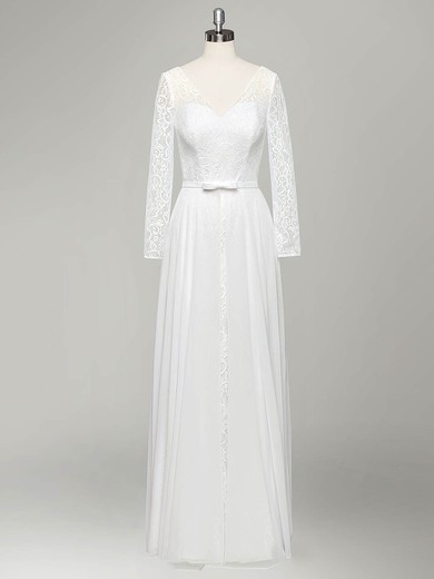 A-line V-neck Lace Chiffon Sashes / Ribbons Floor-length Long Sleeve Cheap Wedding Dresses #UKM00022834