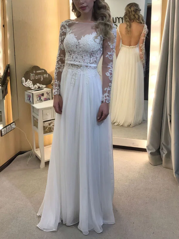 A-line Illusion Chiffon Floor-length Wedding Dresses With Appliques Lace #UKM00022836