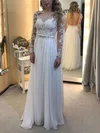 Unique A-line Scoop Neck Tulle Chiffon Sashes / Ribbons Floor-length Long Sleeve Backless Wedding Dresses #UKM00022836