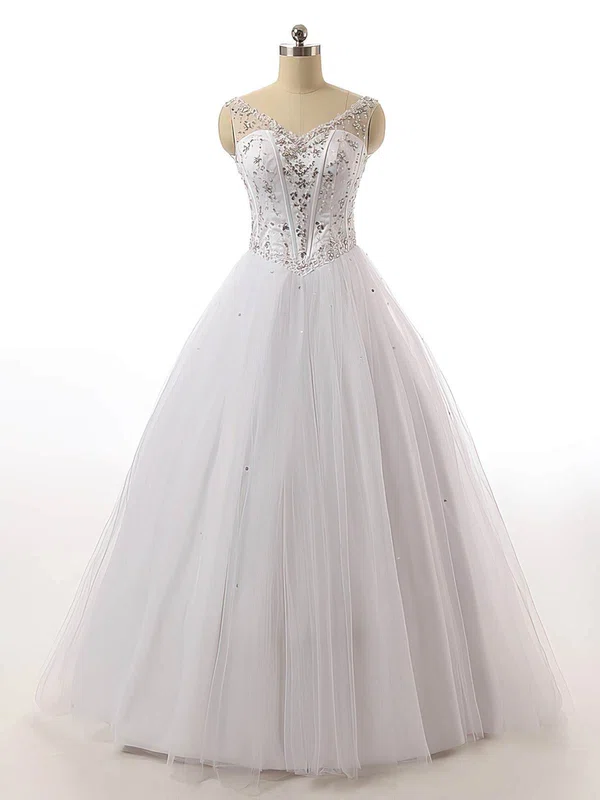 Ball Gown V-neck Tulle Floor-length Wedding Dresses With Appliques Lace #UKM00022842
