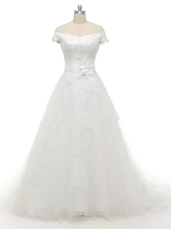 Ball Gown Off-the-shoulder Tulle Sweep Train Wedding Dresses With Appliques Lace #UKM00022843
