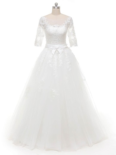 Original Ball Gown Scoop Neck Tulle Appliques Lace Floor-length White 1/2 Sleeve Wedding Dresses #UKM00022844