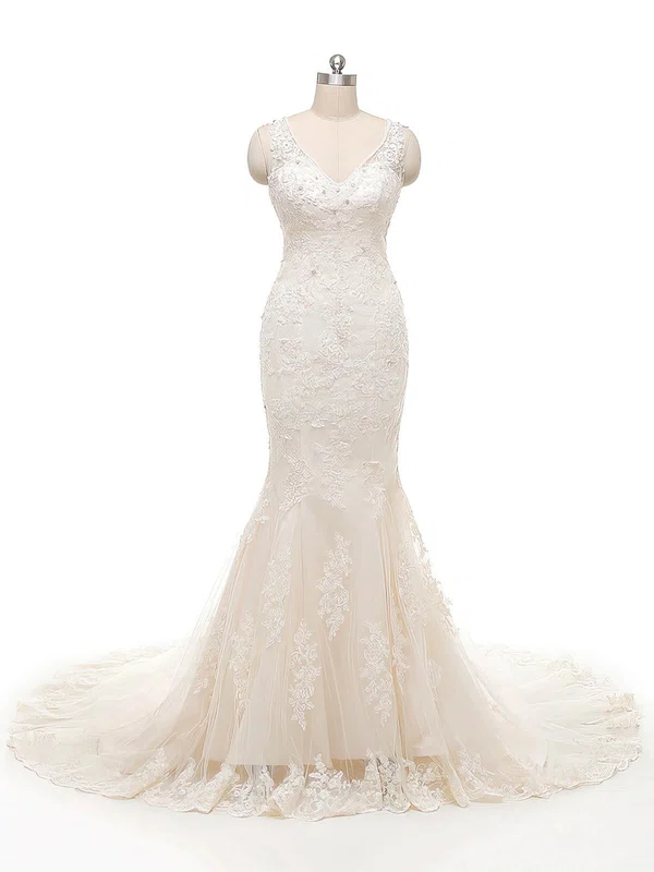 Trumpet/Mermaid V-neck Tulle Court Train Wedding Dresses With Appliques Lace #UKM00022845