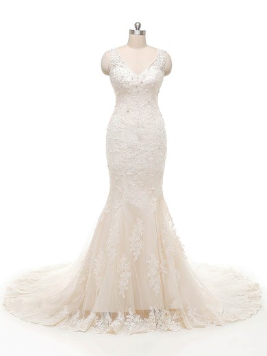 Trumpet/Mermaid V-neck Tulle Crystal Detailing Court Train Ivory Perfect Wedding Dresses #UKM00022845