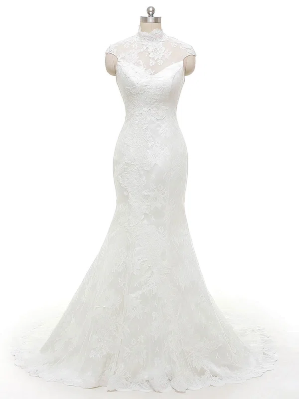 Trumpet/Mermaid High Neck Tulle with Appliques Lace Sweep Train Famous Wedding Dresses #UKM00022846