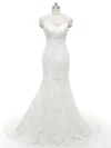 Trumpet/Mermaid High Neck Tulle Sweep Train Wedding Dresses With Appliques Lace #UKM00022846