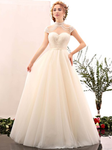 Fabulous Ball Gown High Neck Tulle with Beading Floor-length Open Back Wedding Dresses #UKM00022848