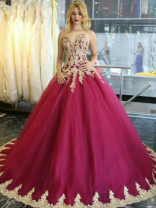 Ball Gown Sweetheart Tulle Appliques Lace Sweep Train Burgundy Boutique Wedding Dresses #UKM00022849