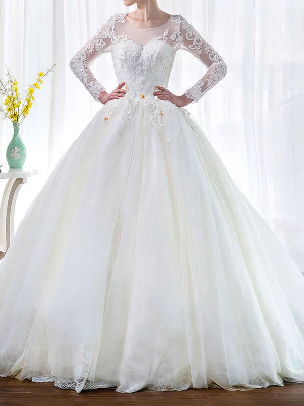 Ball Gown/Princess Illusion Tulle Chapel Train Wedding Dresses With Appliques Lace #UKM00022851