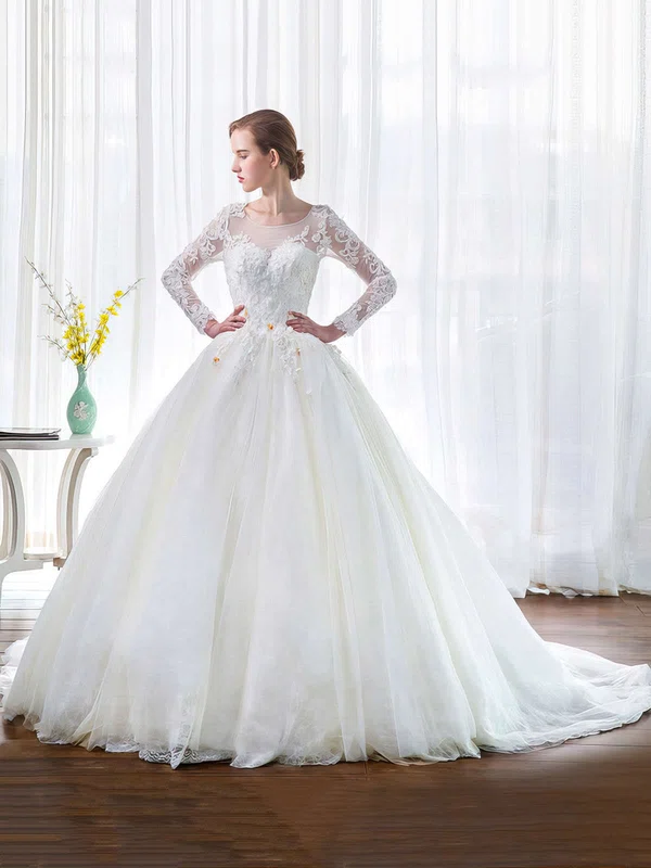 Ball Gown Illusion Tulle Chapel Train Wedding Dresses With Appliques Lace #UKM00022851
