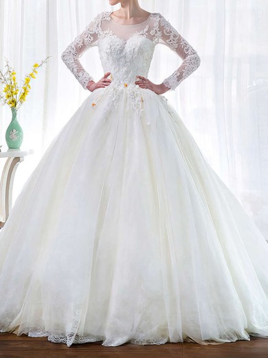 Ball Gown/Princess Illusion Tulle Chapel Train Wedding Dresses With Appliques Lace #UKM00022851