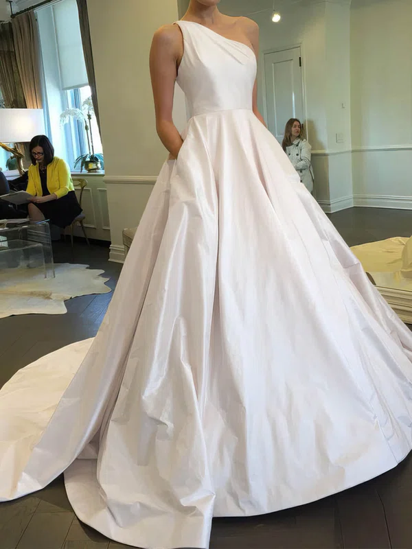 Ball Gown/Princess One Shoulder Satin Sweep Train Wedding Dresses With Pockets #UKM00022855