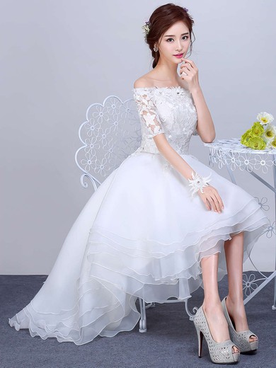 A-line Off-the-shoulder Organza Asymmetrical Wedding Dresses With Appliques Lace #UKM00022857