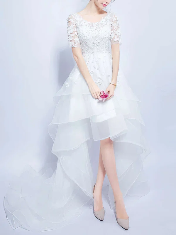 A-line V-neck Organza Tulle Appliques Lace Asymmetrical Short Sleeve High Low Sweet Wedding Dresses #UKM00022858