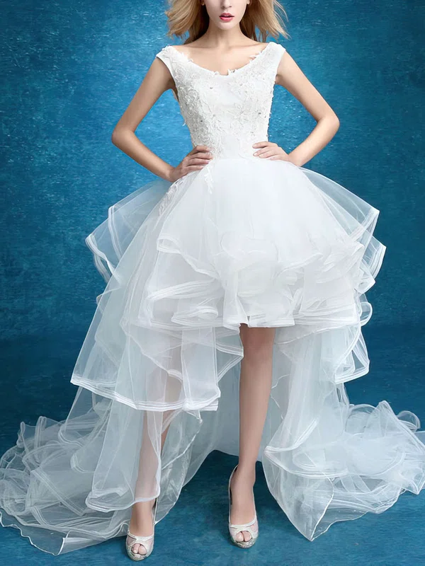 A-line V-neck Tulle Asymmetrical Wedding Dresses With Tiered #UKM00022859