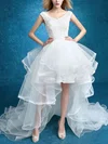 Unique A-line V-neck Tulle with Appliques Lace Asymmetrical High Low Wedding Dresses #UKM00022859