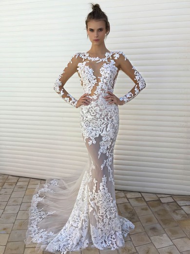 Trumpet/Mermaid Scoop Neck Tulle Appliques Lace Sweep Train Long Sleeve Sexy Wedding Dresses #UKM00022861