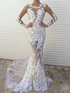 Trumpet/Mermaid Illusion Tulle Sweep Train Wedding Dresses With Appliques Lace #UKM00022861