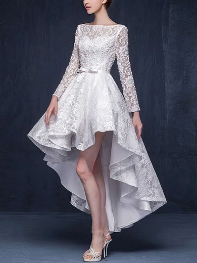 A-line Illusion Lace Asymmetrical Wedding Dresses With Beading #UKM00022863