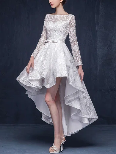 A-line Illusion Lace Asymmetrical Wedding Dresses With Beading #UKM00022863