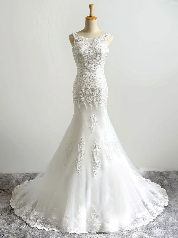 Trumpet/Mermaid Illusion Tulle Sweep Train Wedding Dresses With Appliques Lace #UKM00022864
