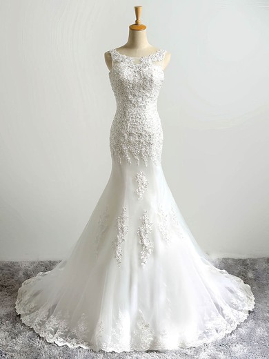 Wholesale Trumpet/Mermaid Scoop Neck Tulle with Sequins Sweep Train Lace-up Wedding Dresses #UKM00022864