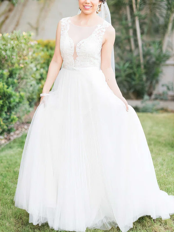 A-line Illusion Tulle Sweep Train Wedding Dresses With Appliques Lace #UKM00022866