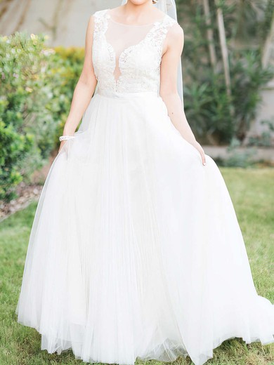 A-line Illusion Tulle Sweep Train Wedding Dresses With Appliques Lace #UKM00022866