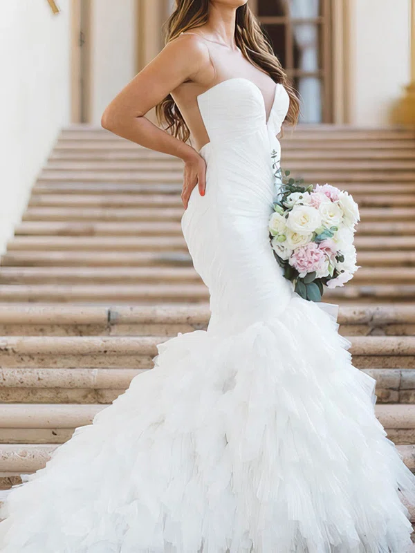 Trumpet/Mermaid Illusion Tulle Sweep Train Wedding Dresses With Cascading Ruffles #UKM00022868