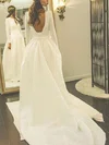 New A-line Scoop Neck Satin Appliques Lace Court Train Long Sleeve Backless Wedding Dresses #UKM00022870