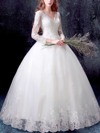 Ball Gown V-neck Tulle Floor-length Wedding Dresses With Appliques Lace #UKM00022871