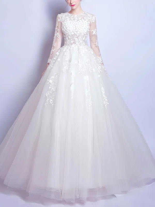 Ball Gown Illusion Tulle Floor-length Wedding Dresses With Appliques Lace #UKM00022872