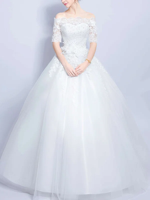 Ball Gown Off-the-shoulder Tulle Floor-length Wedding Dresses With Appliques Lace #UKM00022873