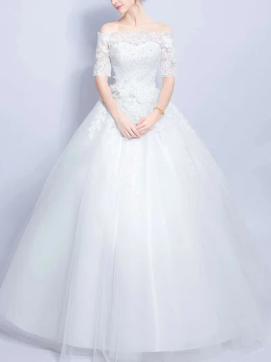 Ball Gown/Princess Off-the-shoulder Tulle Floor-length Wedding Dresses With Appliques Lace #UKM00022873