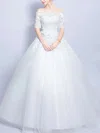 Sweet Ball Gown Off-the-shoulder Tulle Appliques Lace Floor-length 1/2 Sleeve Wedding Dresses #UKM00022873