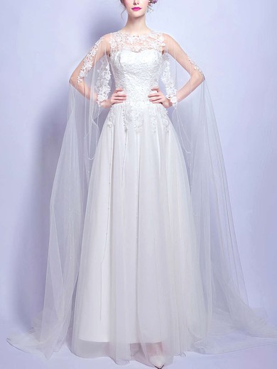 A-line Illusion Tulle Floor-length Wedding Dresses With Appliques Lace #UKM00022875