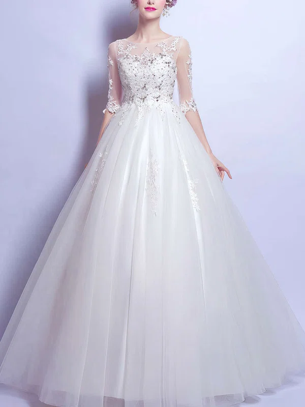 Ball Gown Illusion Tulle Floor-length Wedding Dresses With Beading #UKM00022876