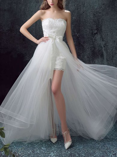 A-line Sweetheart Organza Tulle Appliques Lace Asymmetrical New Style Wedding Dresses #UKM00022878