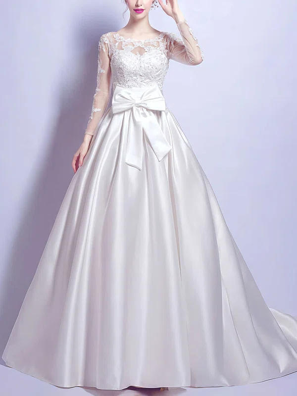 Ball Gown Illusion Satin Court Train Wedding Dresses With Appliques Lace #UKM00022879