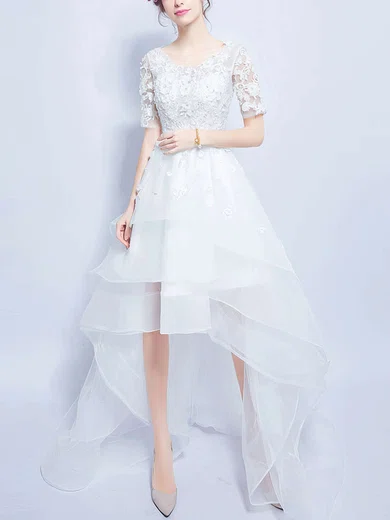 Short Sleeves High Low Scoop Organza Tulle Wedding Dress