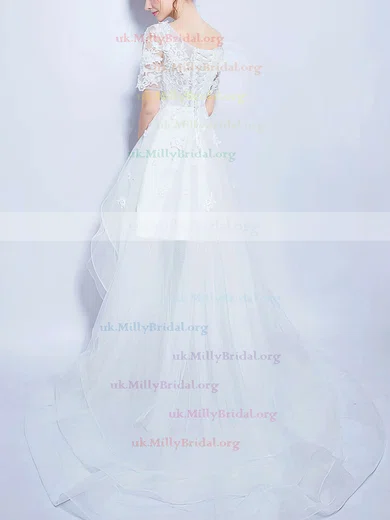 Short Sleeves High Low Scoop Organza Tulle Wedding Dress