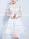 Unique A-line Scoop Neck Organza Tulle Appliques Lace Asymmetrical 1/2 Sleeve High Low Wedding Dresses #UKM00022880