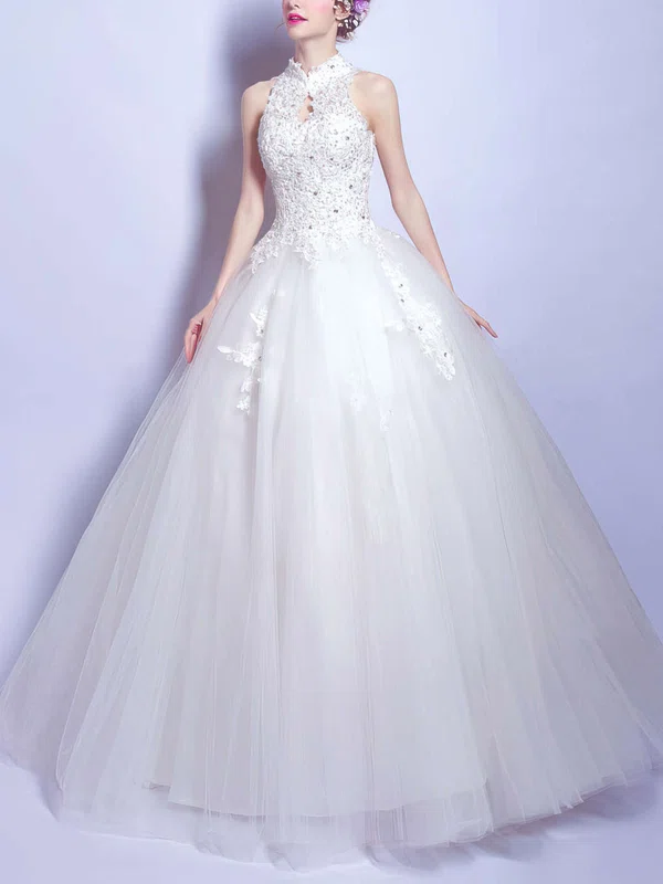 Ball Gown High Neck Tulle Floor-length Wedding Dresses With Beading #UKM00022881