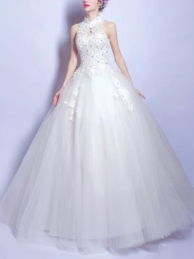 Ball Gown/Princess High Neck Tulle Floor-length Wedding Dresses With Beading #UKM00022881