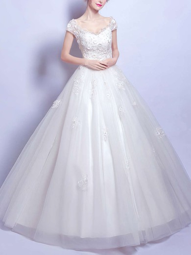 Ball Gown V-neck Tulle Floor-length Wedding Dresses With Appliques Lace #UKM00022884