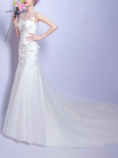 Trumpet/Mermaid Illusion Tulle Court Train Wedding Dresses With Appliques Lace #UKM00022886